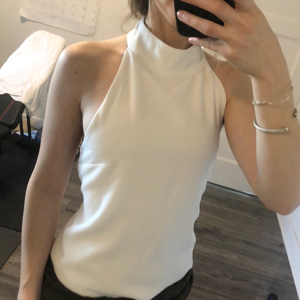 High neck, open back blouse